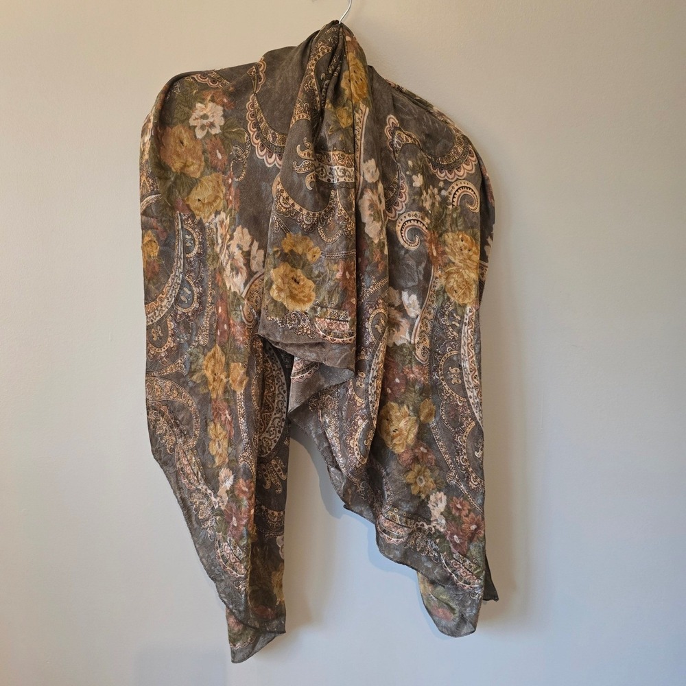 Vintage Floral Paisley Oversized Square Scarf Grey Yellow Rose 53x53 Shawl